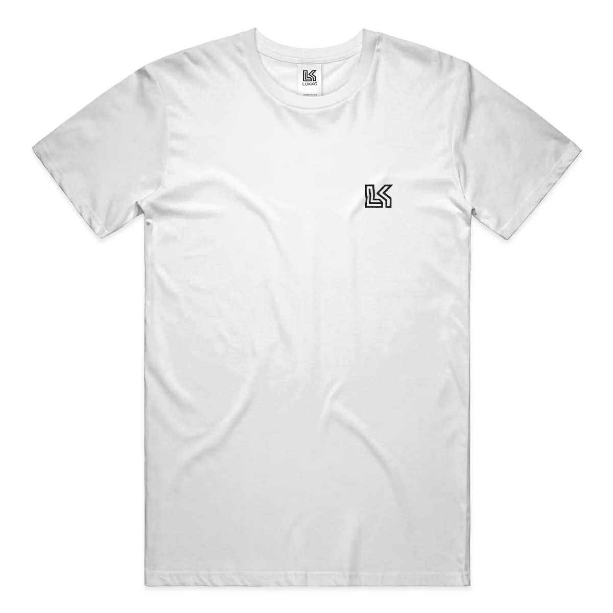 Apliiq Lukko Logo classic coupe t-shirt in white, featuring a minimalist logo design on the front.